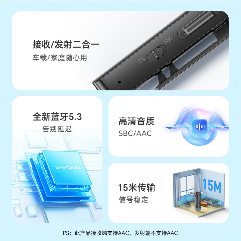 Shengwei Bluetooth 5.3 receiver transmitter two-in-one 3.5mm wireless audio adapter mobile phone connection aux car audio Switch TV NS connection headset EBT5006G