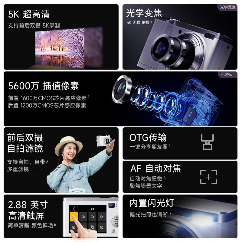 SONGDIAN optical zoom digital camera 5K high-definition video front and rear dual-camera 56-megapixel student mirrorless camera dc305x white 128G memory