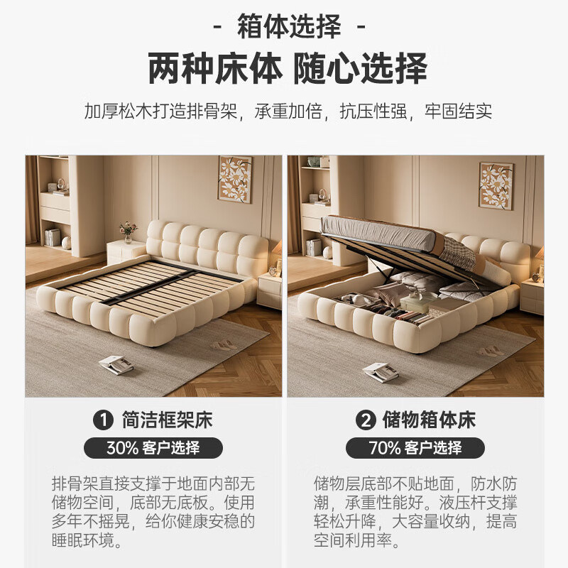 Nanshi home bed Italian minimalist puff bed double bed ins cream style milk velvet internet celebrity wedding bed bread master bedroom fabric bed thickened solid wood frame bed 1.8*2 meter frame/upgraded version/ten centimeter board