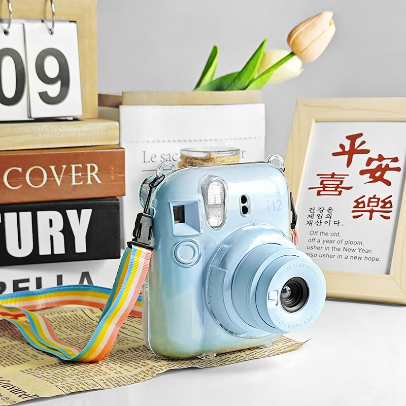 Runzhe is suitable for Fuji Polaroid Mini12 protective case, mini11/SE camera bag, transparent crystal case, silicone case, magic anti-fall and dustproof, adaptable to various scenes, mini12 crystal clear case, free jade hanging dog shoulder strap + sticker