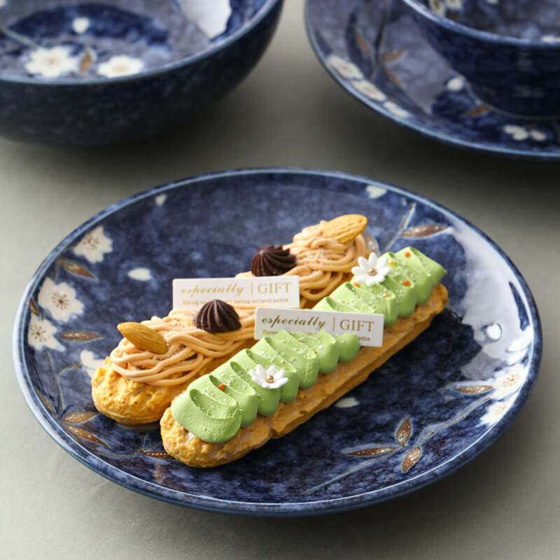 Lucky Lychee Japan imported Mino-yaki indigo painted cherry blossom ceramic bowl dipping saucer fruit plate soup noodle bowl rice bowl Japanese tableware bowl 19.5cm 1 head