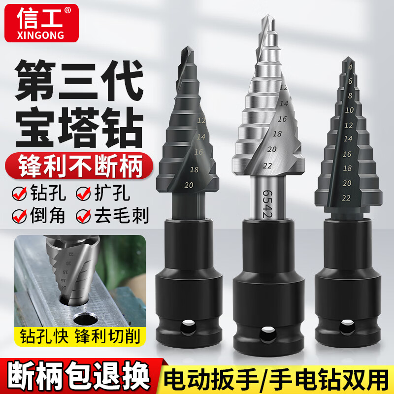 Xingong Pagoda Drill Bits Stainless Steel Metal Iron Plate Opening, Punching and Expanding Special High Hardness Step Drill Bits 4241 Straight Slot 4-20 Third Generation Upgraded Model