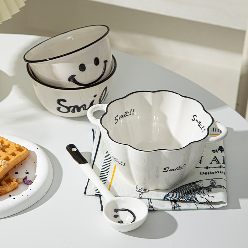 Persson double-ear ceramic bowl with spoon set soup bowl noodle bowl high-looking breakfast bowl smiling face 6-inch double-ear bowl + twisting spoon