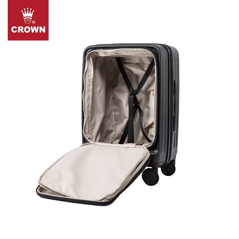 CROWN front-opening suitcase, expandable large-capacity trolley suitcase, eco-friendly suitcase, travel suitcase 5020/5215, black, 20 inches, boardable/expandable by 15%