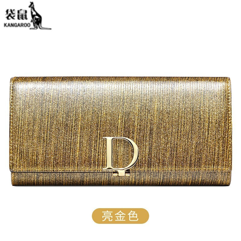 Kangaroo (KANGAROO) 2024 New Fashion Women's Wallet Women's Long Large Capacity Card Slot Genuine Leather Women's Hand Wallet Clutch Bright Gold-Anti-Theft Brush