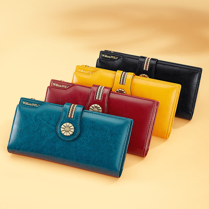 British Paul Genuine Leather Wallet Women's Handbag Women's Small Bag Clutch Long Wallet Card Bag New Year's Gift for Girlfriend and Mom Peacock Blue-Oiled Waxed Cowhide