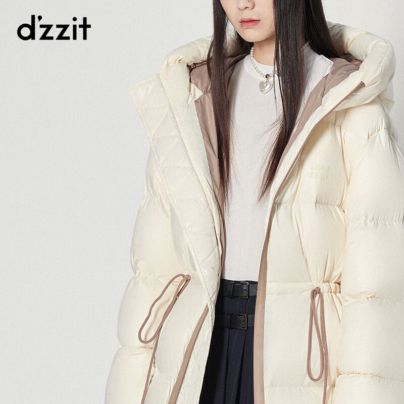 DZZIT mid-length down jacket autumn and winter puff down contrast drawstring design for women white XS
