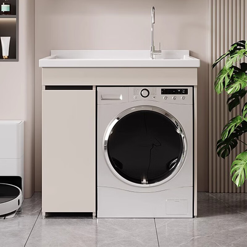 Tuowei small apartment washing machine cabinet combination balcony washbasin all-in-one cabinet washbasin basin cut corner customized with washboard slot 80*70cm warm khaki-with washboard
