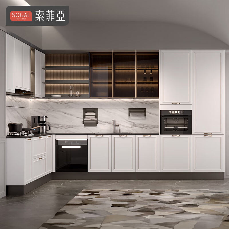 Sofia cabinet package European style integrated kitchen cabinets Wall cabinets Floor cabinets Cupboards Stove integrated cabinets Quartz stone countertops 7 meters cabinets (including smoke stove)