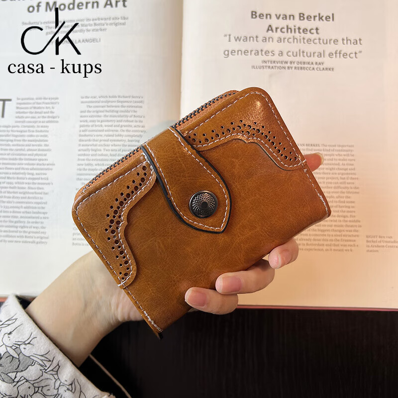 Casa-kupsCK women's bag light luxury simple women's bag retro oil wax leather zipper short wallet exquisite high-end large capacity brown