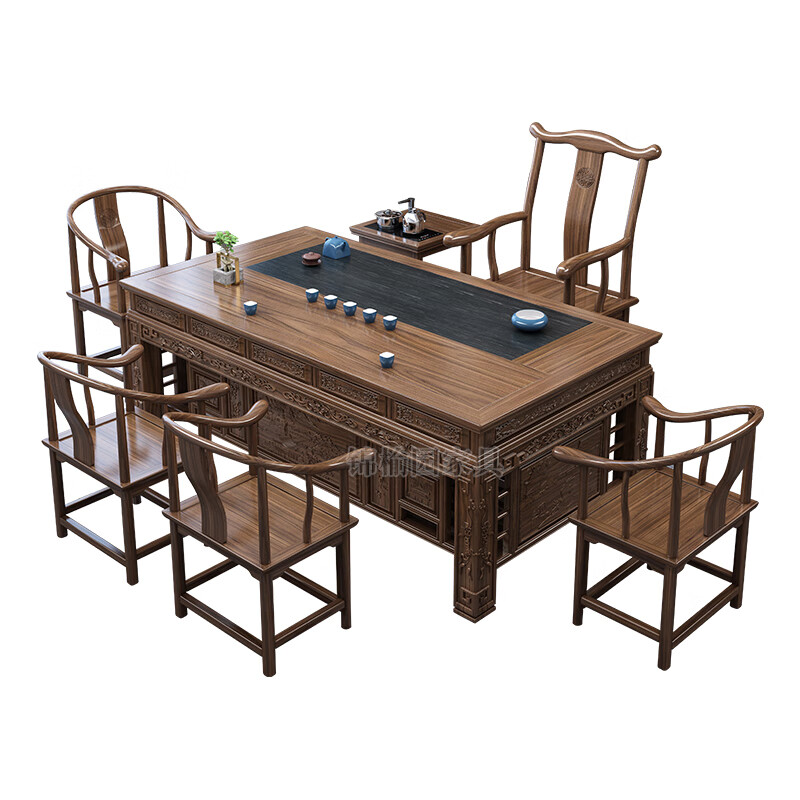 Jinyuyuan old elm solid wood tea table and chair combination office home tea table integrated modern simple Kung Fu Zen tea table 1.8 meters tea table + 1 armchair + 4 crescent chairs / wooden tea tray