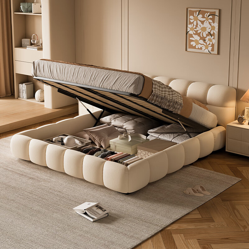 Nanshi home bed Italian minimalist puff bed double bed ins cream style milk velvet internet celebrity wedding bed bread master bedroom fabric bed thickened solid wood frame bed 1.8*2 meter frame/upgraded version/ten centimeter board