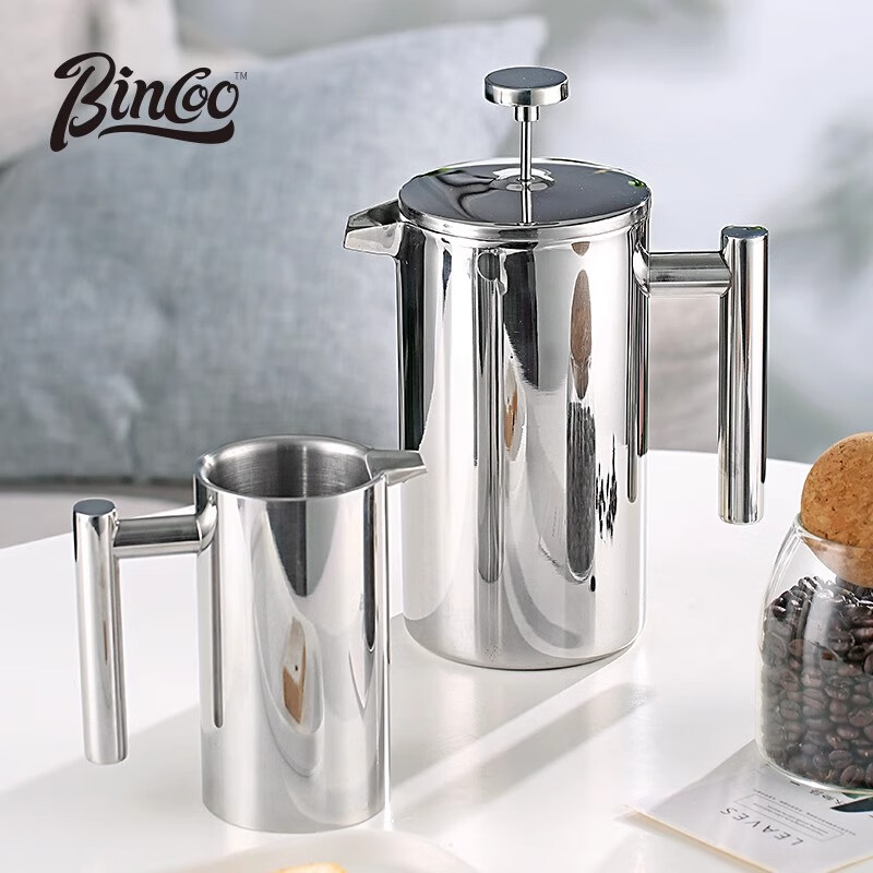 Bincoo double-layer 304 stainless steel French press filter household large-capacity hand-brewed coffee pot milk frother steel color-1000ml