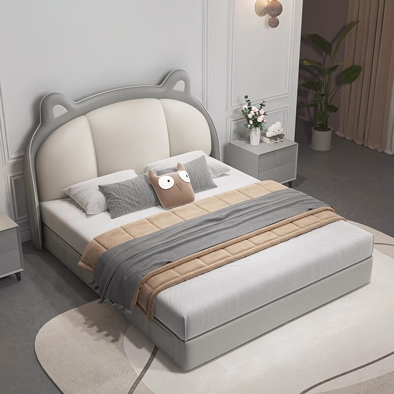 Modern simple children's bed, cream style French leather bed, new style with drawer storage bed, single bed for small apartment bedroom, bed + 918# coconut palm mattress + cabinet 1 + free installation 1.5*2.0 meter frame structure