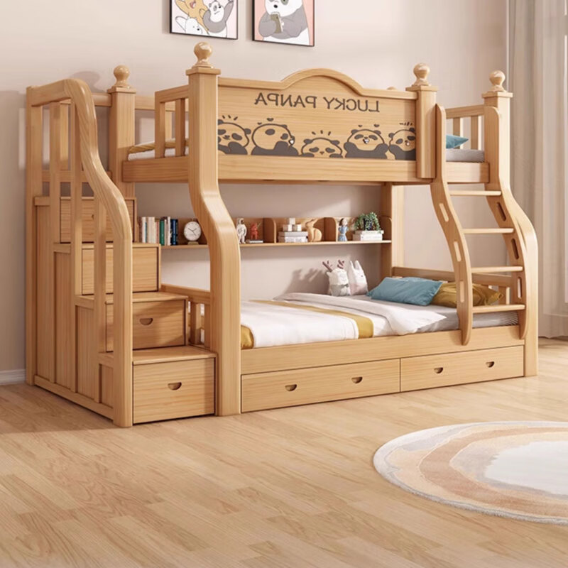 Leiyang bunk bed, upper and lower bunk beds, high and low beds, all solid wood, adult wooden bed, small apartment, two floors, ladder cabinet, bookshelf + double drawers + brown cushion * 2 upper 115 lower 135