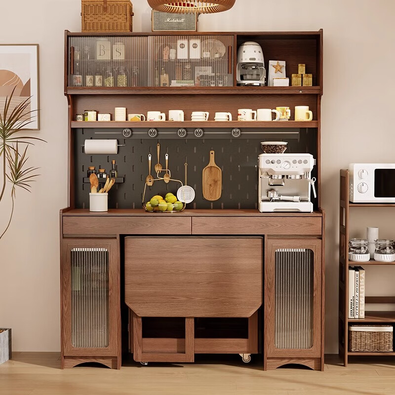 Xiyin light luxury solid wood sideboard dining table integrated wall storage cabinet storage storage cabinet kitchen with folding dining table furniture 1.5m sideboard-walnut color