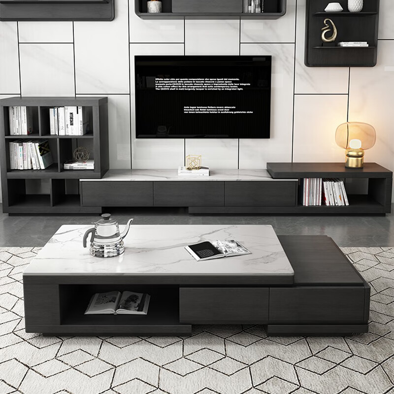 Ji Qin's quick delivery in 3 hours Coffee table Italian light luxury slate TV cabinet coffee table combination Nordic modern simple small apartment living room furniture TV cabinet base cabinet Upgraded slate coffee table (retractable 1.3-1.65 meters) Completely installed