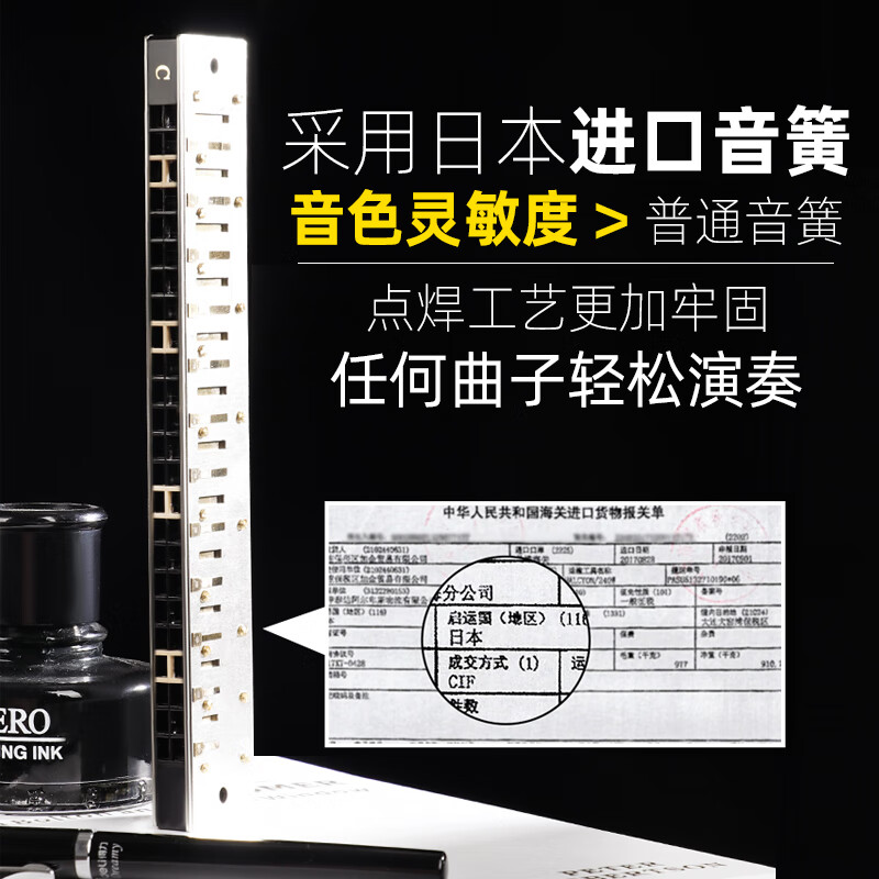 Guoguang harmonica professional performance level accented German imported gongs polyphonic C key for beginners entry-level adult self-study 24 holes C key accented silver + full set of gifts