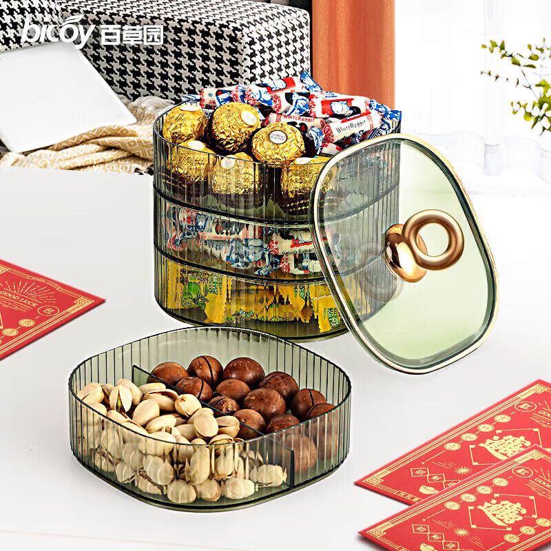 Baicaoyuan Candy Box Fruit Plate Melon Seeds Dried Fruit Nut Fruit Plate Compartment Snack Storage Box Living Room Light Luxury Green Three-Layer Cover