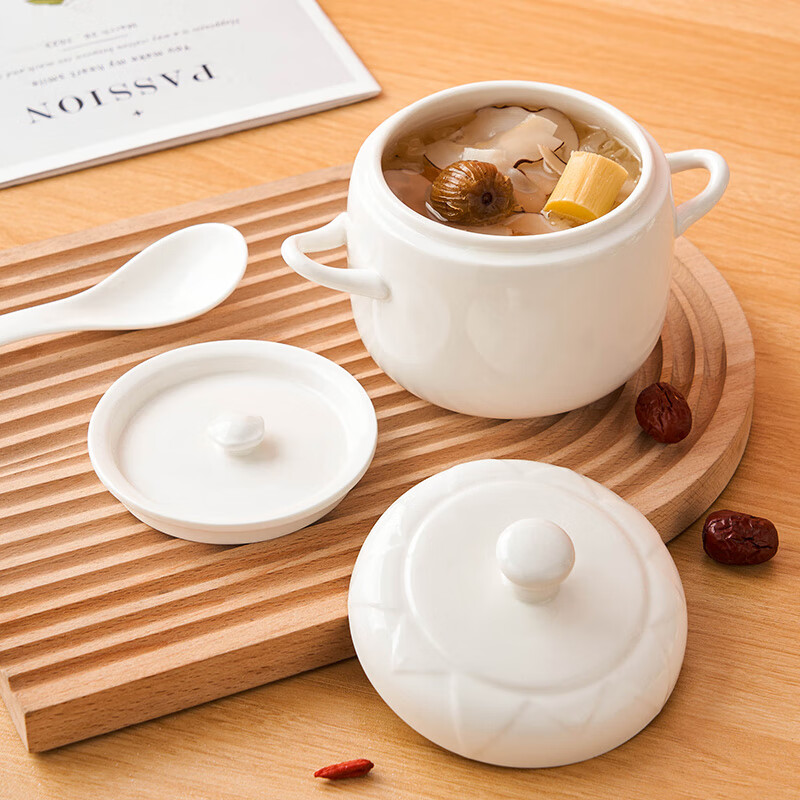 Youlaifu ceramic bowl stew pot soup bowl water-proof stew pot liner steamed egg porridge bird's nest cup pot tableware double lid spoon large 600ml