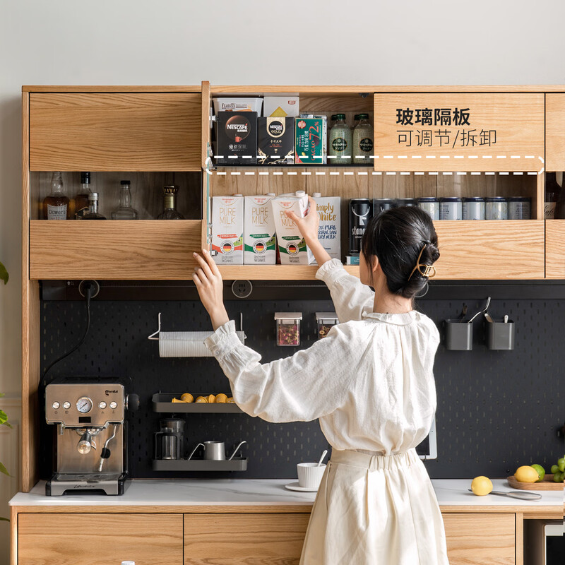 Genji Wood Language Nordic Solid Wood Sideboard Modern Simple Multi-Function Perforated Board Storage Cabinet High Cabinet Microwave Cabinet 1.5 Meter Rock Slab Sideboard (38cm Deep) + On Shelf