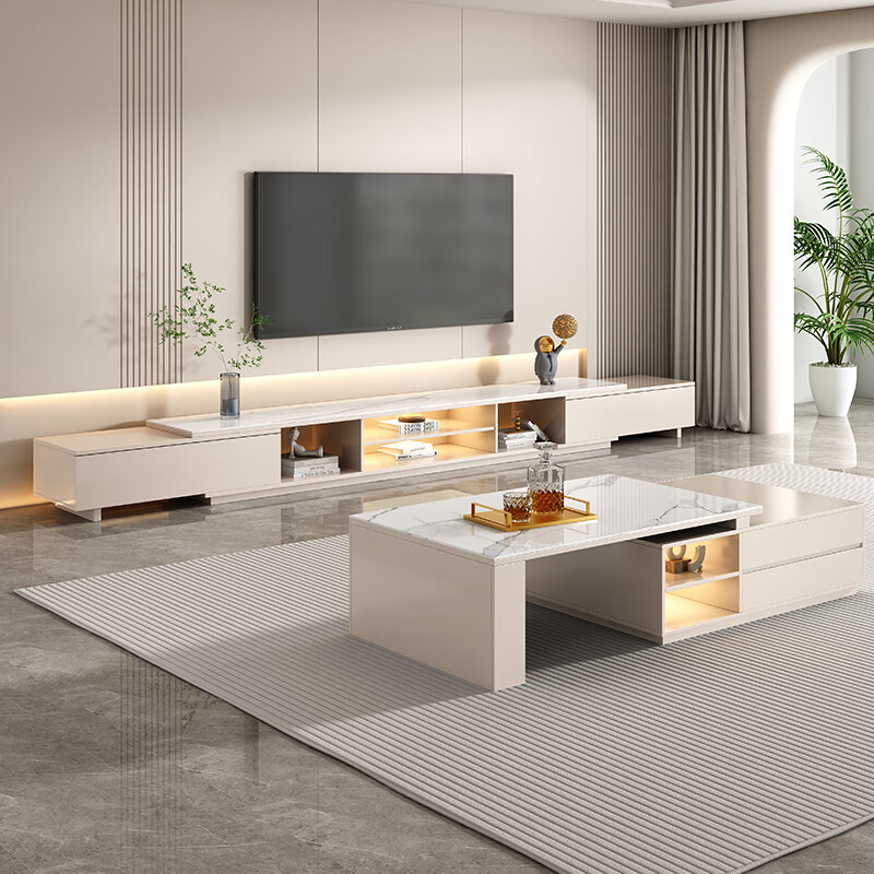 Mushun light luxury coffee table TV cabinet modern simple home living room storage cabinet small apartment retractable TV cabinet combination retractable coffee table 1.1-1.8 meters light luxury gray