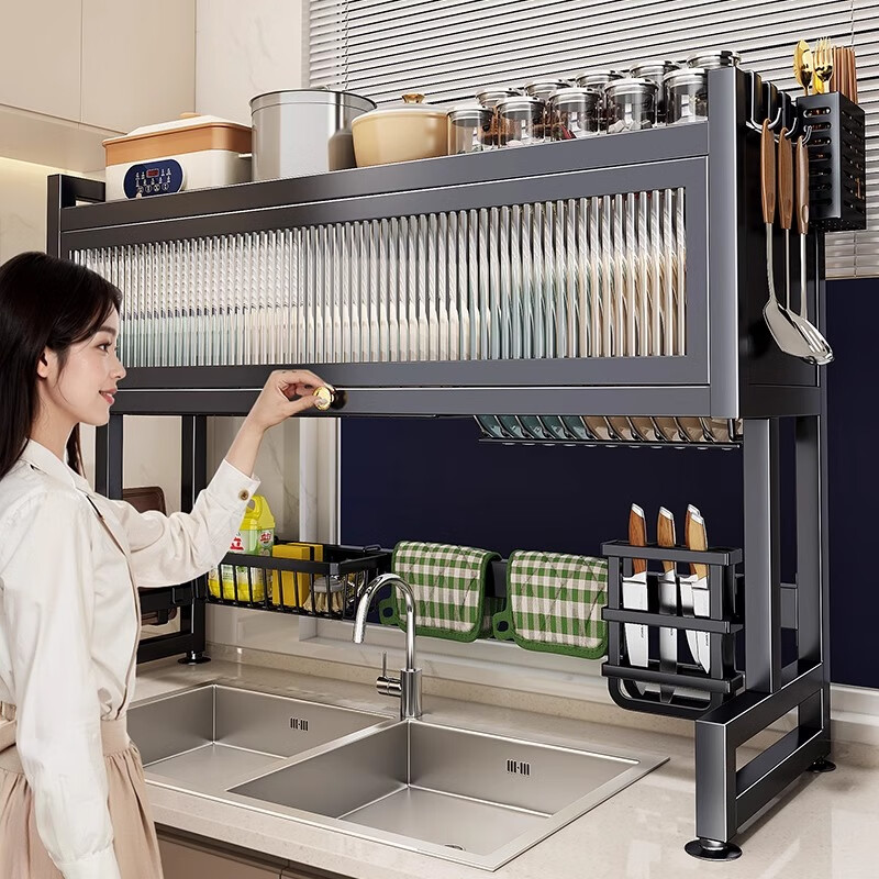 Zhizhi Yifan kitchen sink rack dustproof pool drain rack countertop dish storage rack multi-functional storage rack thickened carbon steel black 85CM+ drain set