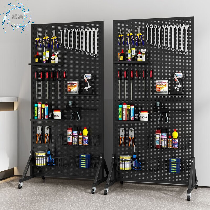 Tool hanging board, iron art hardware, hole board, floor-standing round hole calligraphy and painting display rack, jewelry accessories, mobile push-pull storage rack, high-gloss white floor-standing model, height 200*120 cm, free 50 hooks