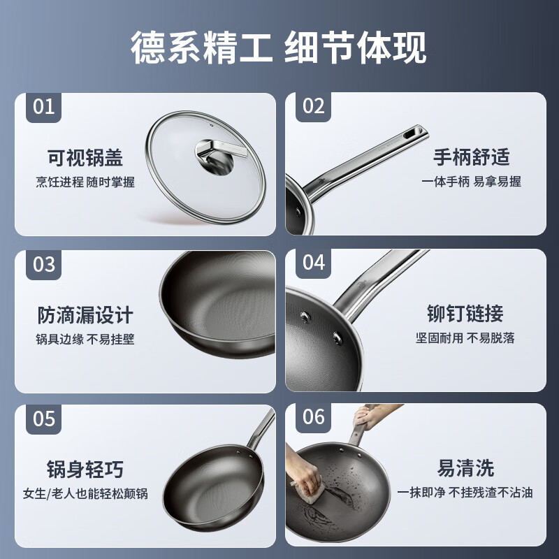 Three-headed eagle uncoated titanium pot non-stick pot induction cooker gas pure titanium wok multi-functional household wok set pot titanium pot 32cm + frying pan 28cm 2-piece set