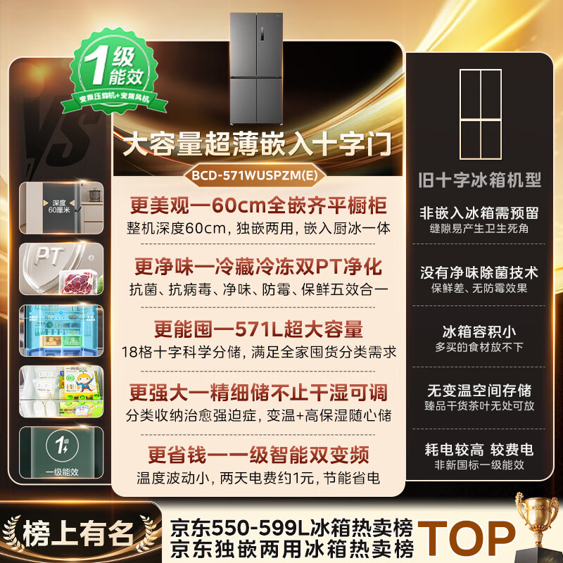 Midea 571-liter cross-door refrigerator household large-capacity ultra-thin zero-embedded air-cooled frost-free first-class energy efficiency gray BCD-571WUSPZM (E) national subsidy