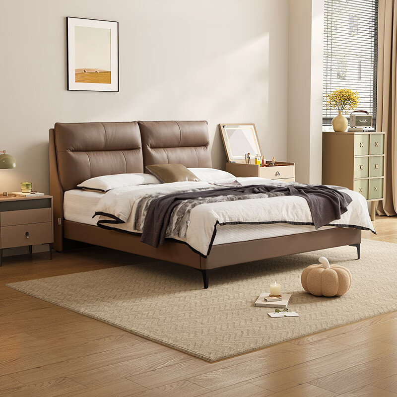 Chivas (CHEERS) five-star leather bed, modern simple leather art bed, master bedroom, first-layer cowhide soft-covered double bed, Chivas Regal C612 high bed + C266 angara mat, cocoa brown - shipped 1.8M years ago (ask customer service for address details)