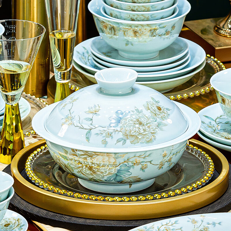NINE CRANES Jingdezhen 2024 Celadon Tableware Set Light Luxury High-end Dishes Set Home Moving Bowl and Chopsticks Plate Set Celadon 10-Person Set High-end Brocade Box 70 Pieces