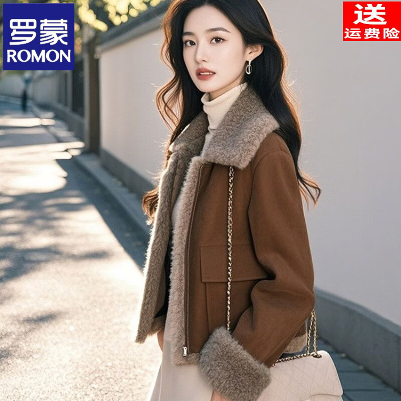 ROMON's popular hot style this year, unique and super good-looking, warm brown fur all-in-one lamb velvet thick coat for women in autumn and winter, brown leather, classic style S, recommended 80-100 pounds