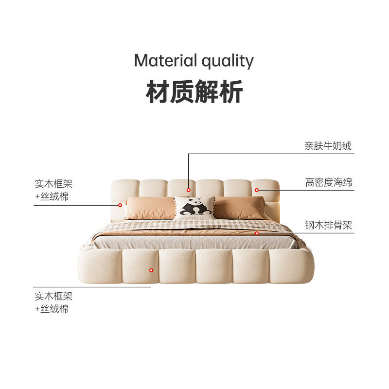 Nanshi home bed Italian minimalist puff bed double bed ins cream style milk velvet internet celebrity wedding bed bread master bedroom fabric bed thickened solid wood frame bed 1.8*2 meter frame/upgraded version/ten centimeter board