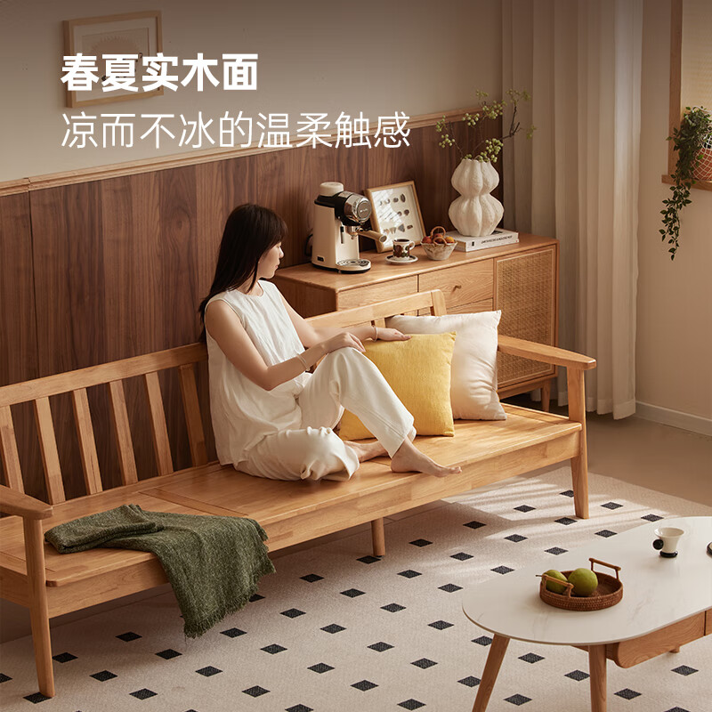 Original elements new Chinese style winter and summer dual-use solid wood sofa chair living room fabric small apartment new double P3061 coffee white three-seat rubber wood log color