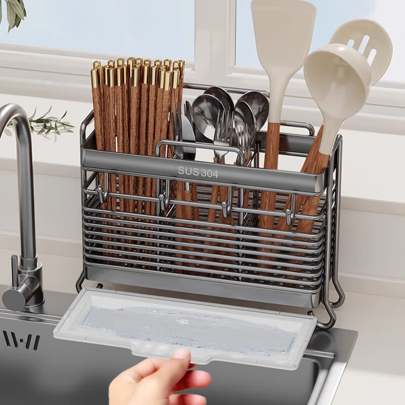 Mu quality 304 stainless steel chopstick barrel household chopstick storage box chopstick cage wall-mounted kitchen spoon storage rack gun gray 3 compartments K-18 table + with 4 hooks