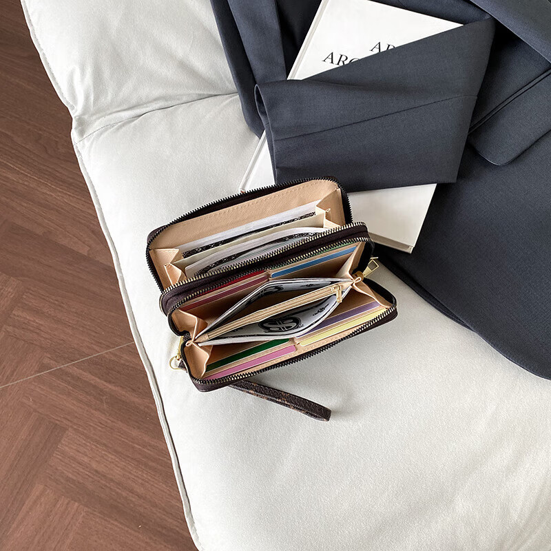 New double zipper multi-layer women's long wallet large capacity card holder ID bag ID bag bank card coffee color