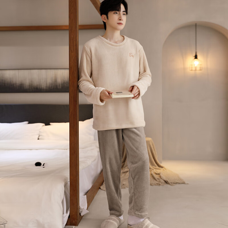 Anjiren Men's Pajamas Men's Autumn and Winter Plus Velvet Flannel Pullover Can Be Weared Outside Home Clothes Set Embroidered Rice 2XL
