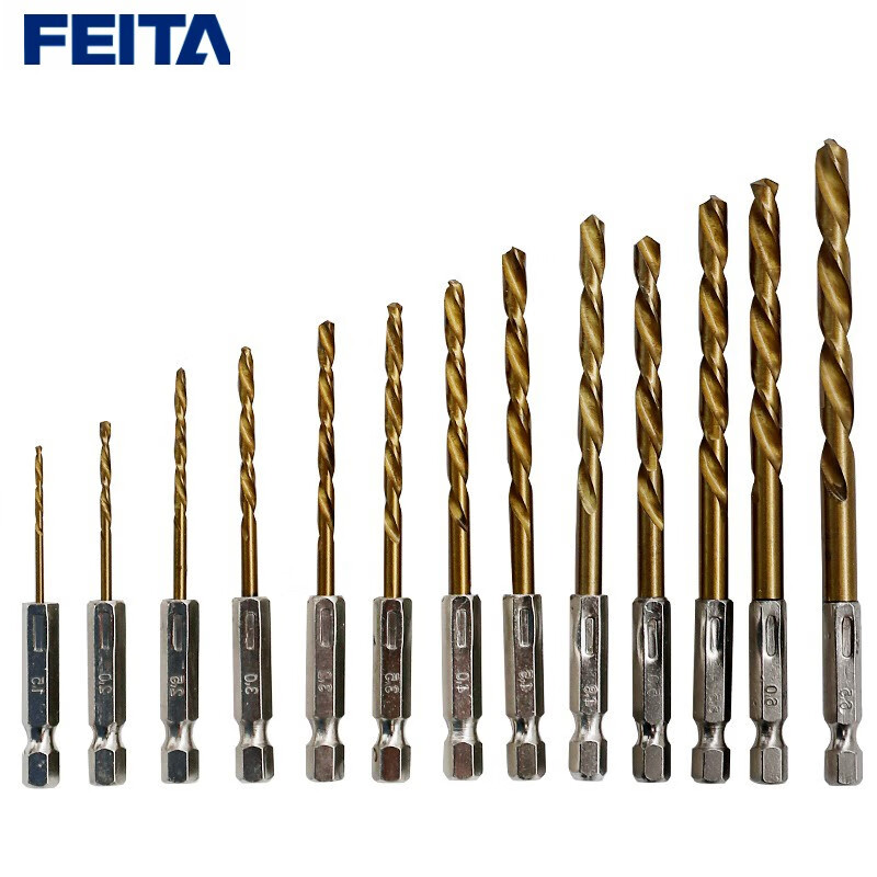 FEITA hexagonal handle twist drill bit set rechargeable drill high-speed steel reamer drill 1.5-6.5mm electric screwdriver bit titanium-plated twist drill bit 13-piece set