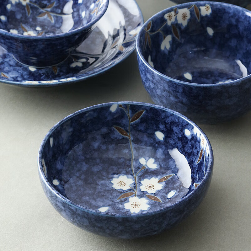 Lucky Lychee Japan imported Mino-yaki indigo painted cherry blossom ceramic bowl dipping saucer fruit plate soup noodle bowl rice bowl Japanese tableware bowl 19.5cm 1 head