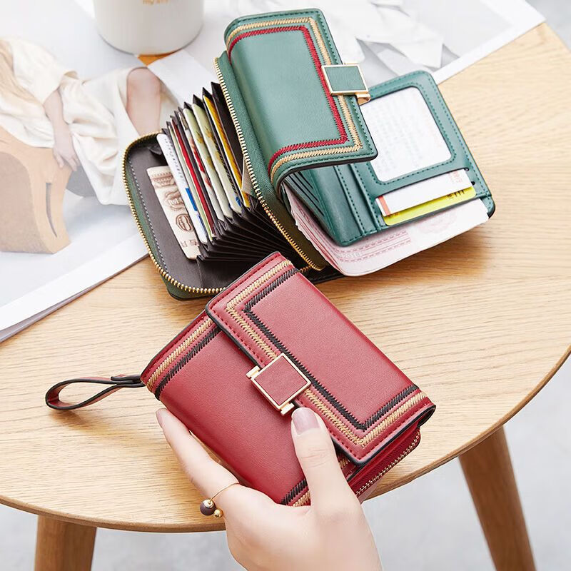 Ye Yu Folding Wallet Women's 2025 New Card Holder Driver's License Integrated Women's Short Multi-Function Large Capacity Three-fold Compact (Square) Green (20 Card Slots Upgraded Version)