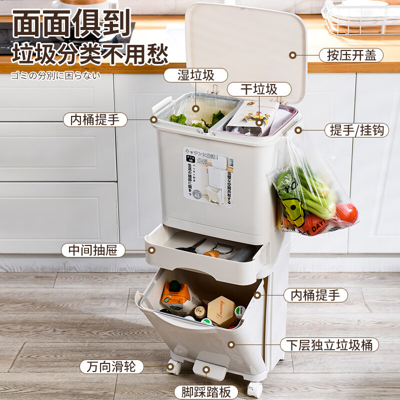Tianshu Kitchen Trash Can Tall No-Bend Household Covered Deodorant Double-layer Kitchen Waste Dry and Wet Separation Japanese Extra Large Capacity Three-layer Single Inner Bucket Export Model 42L