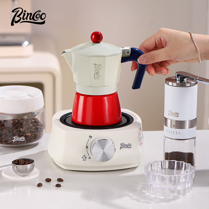 Bincoo Coffee Moka Pot Home Italian Coffee Pot Concentrated Extraction Small Electric Stove Hand Brewed Coffee Pot Set Three Cups Red and White Moka Pot + 100 Filter Papers