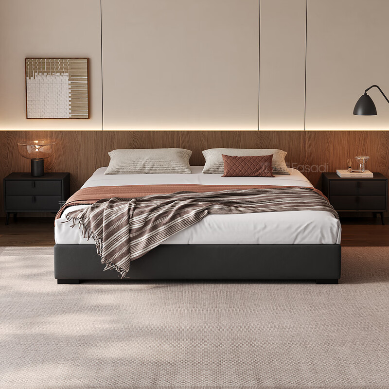 Fasati no bedside master bedroom small apartment floor-standing Italian minimalist leather bed light luxury modern simple backless bed single bed + coconut palm mattress + single cabinet (flagship version 20cm ribbed frame) 1.8*2m frame structure