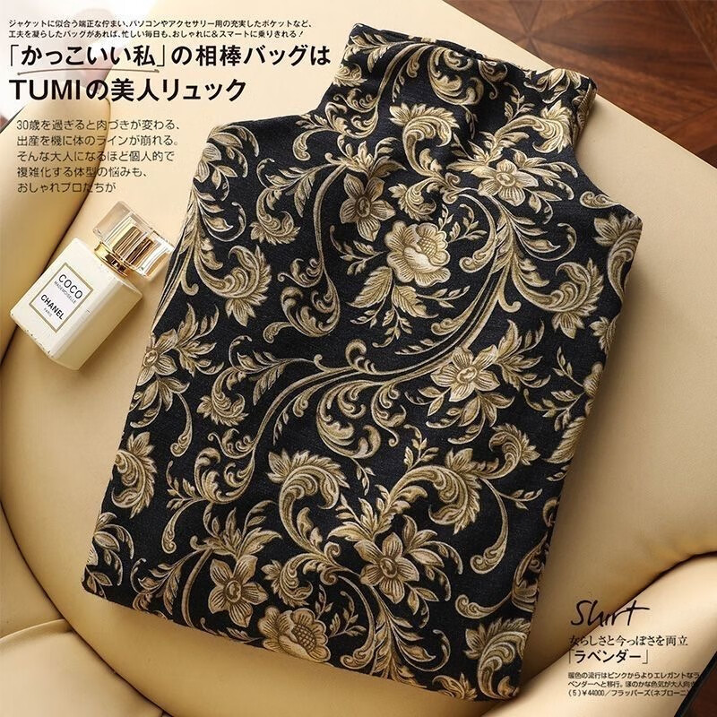 Su Ningning original quality half-turtle collar German velvet bottoming shirt for women in autumn and winter, Western style plus velvet thickened printed T-shirt, Yinhua German velvet (soon to be sold out) XL recommended 115-130 pounds