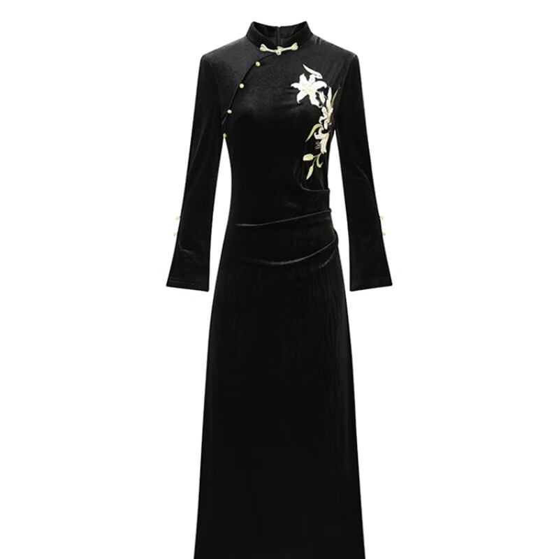 Jialong Mingxiu 2025 New Chinese Style Velvet Cheongsam Women's Autumn and Winter Slim Long Skirt Black Velvet XL