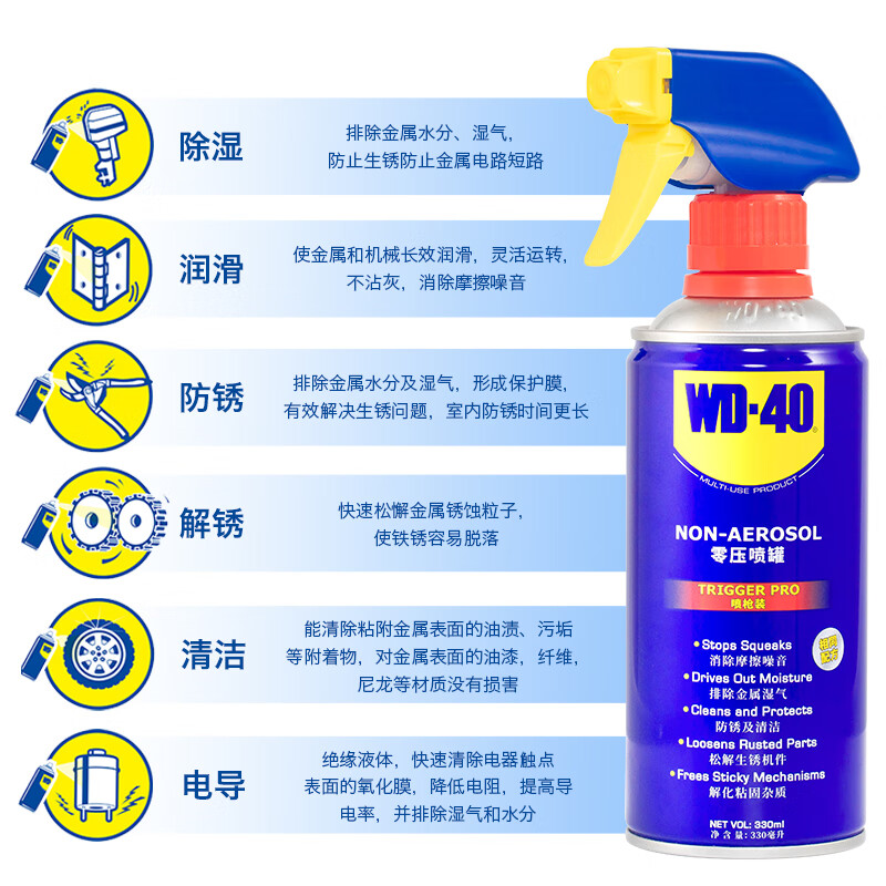 WD-40 rust removal, lubrication, dehumidification and rust inhibitor, screw loosening agent, wd40 anti-rust oil, electrical appliance cleaning and oil stain remover, lubricating oil maintenance, zero pressure metal rust remover 330ml