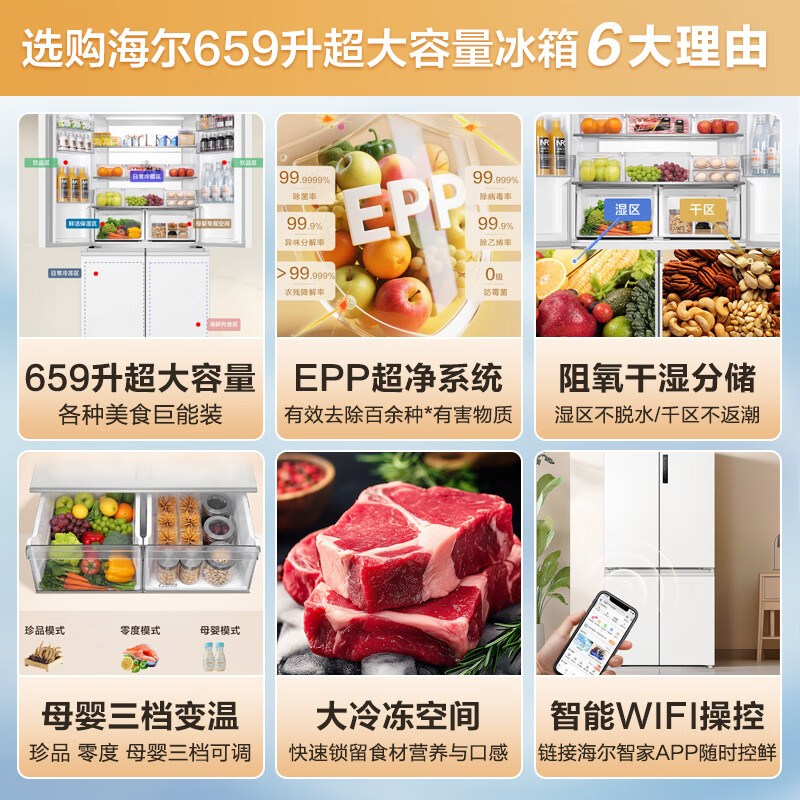 Haier refrigerator 659 liters double frequency conversion cross-to-double four-door household first-class energy efficiency air-cooled frost-free super large capacity subsidy 20% large refrigerator above 600 liters 659 liters ice and snow white EPP ultra-clean system + oxygen barrier dry and wet storage