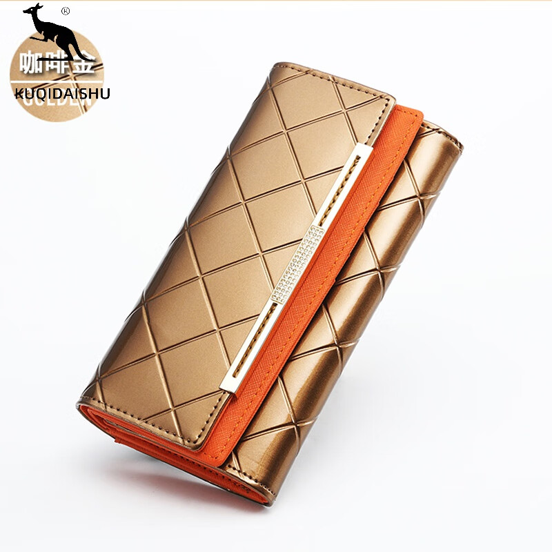 KUQIDAISHU high-end women's long wallet women's genuine leather buckle clutch wallet large capacity tri-fold wallet holiday gift coffee gold + orange (crocodile pattern)