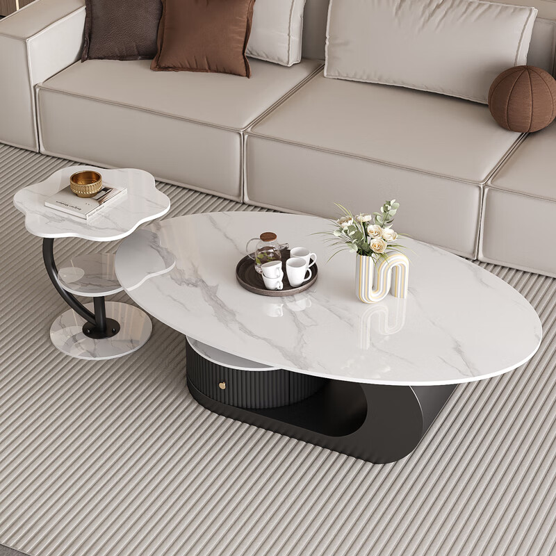 Verdanten light luxury style Italian slate coffee table for the living room oval coffee table table designer high-end small apartment tea table black frame + snow mountain white slate board 130*70*42 coffee table + side table